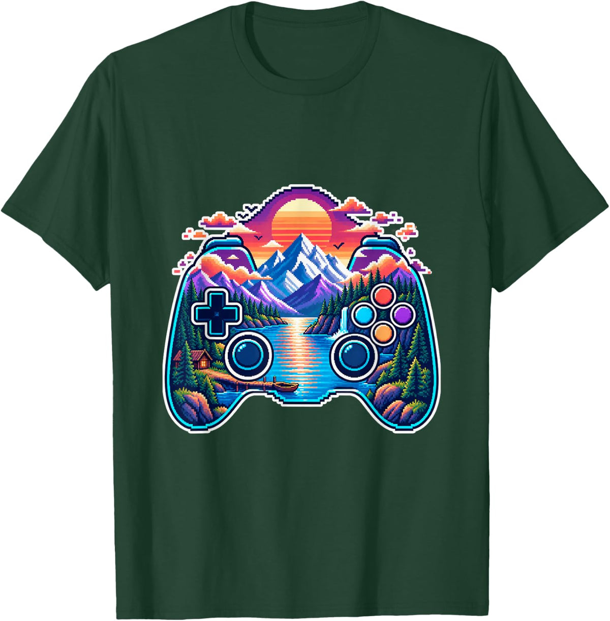Pixel Controller with Mountain Lake at Sunset T-Shirt - Dark Green