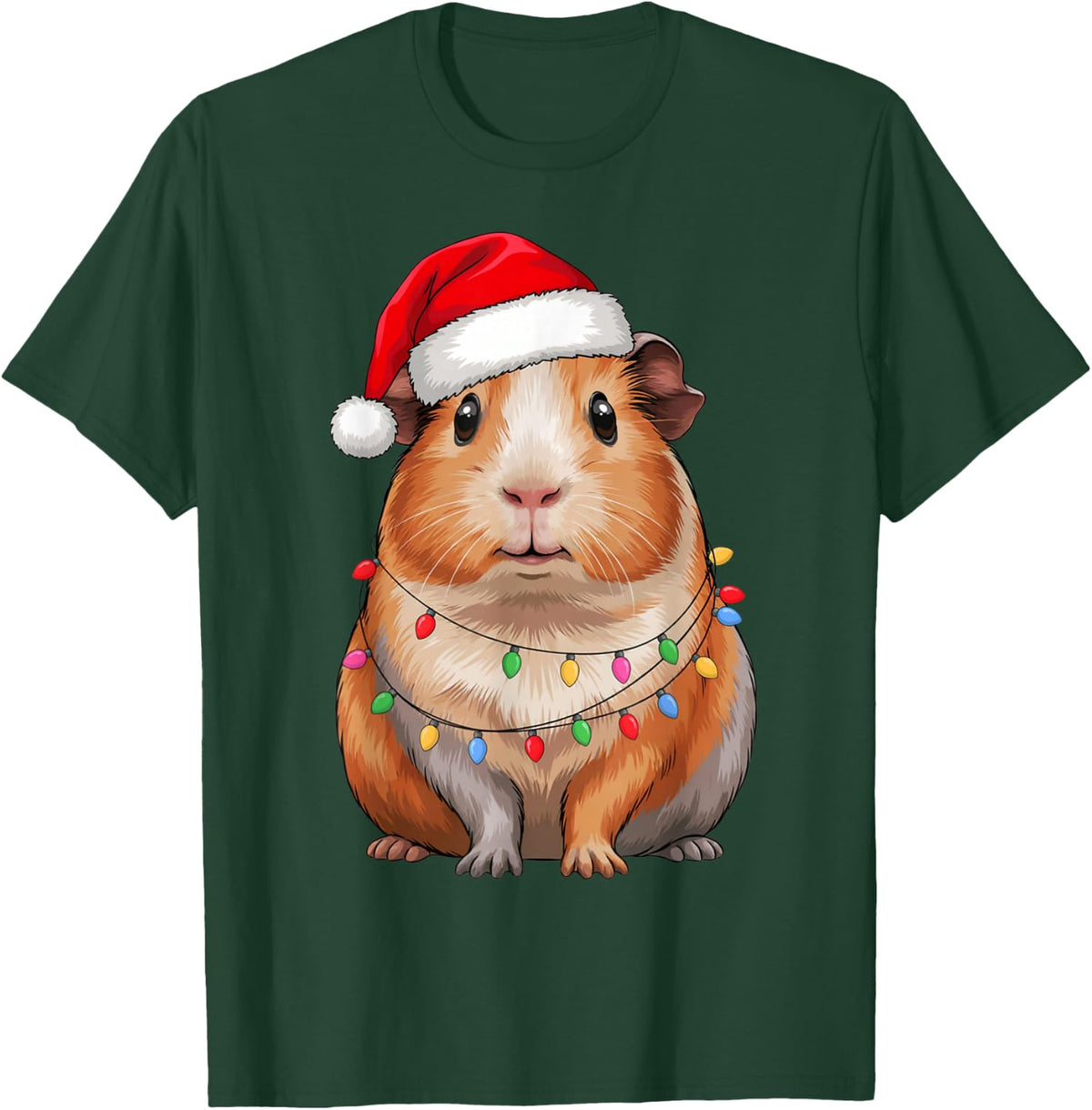 Funny Guinea Pig Lover Santa Hat Christmas Lights Squad Crew T-Shirt - Dark Green