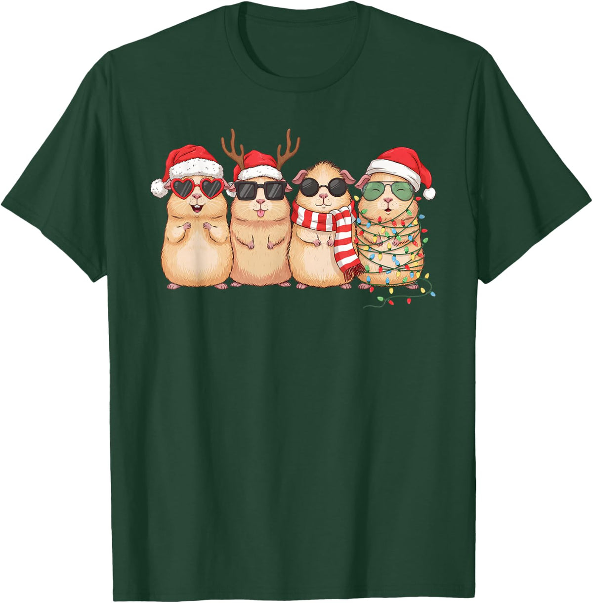 Funny Guinea Pig Lover Santa Hat Christmas Lights Xmas Crew T-Shirt - Dark Green
