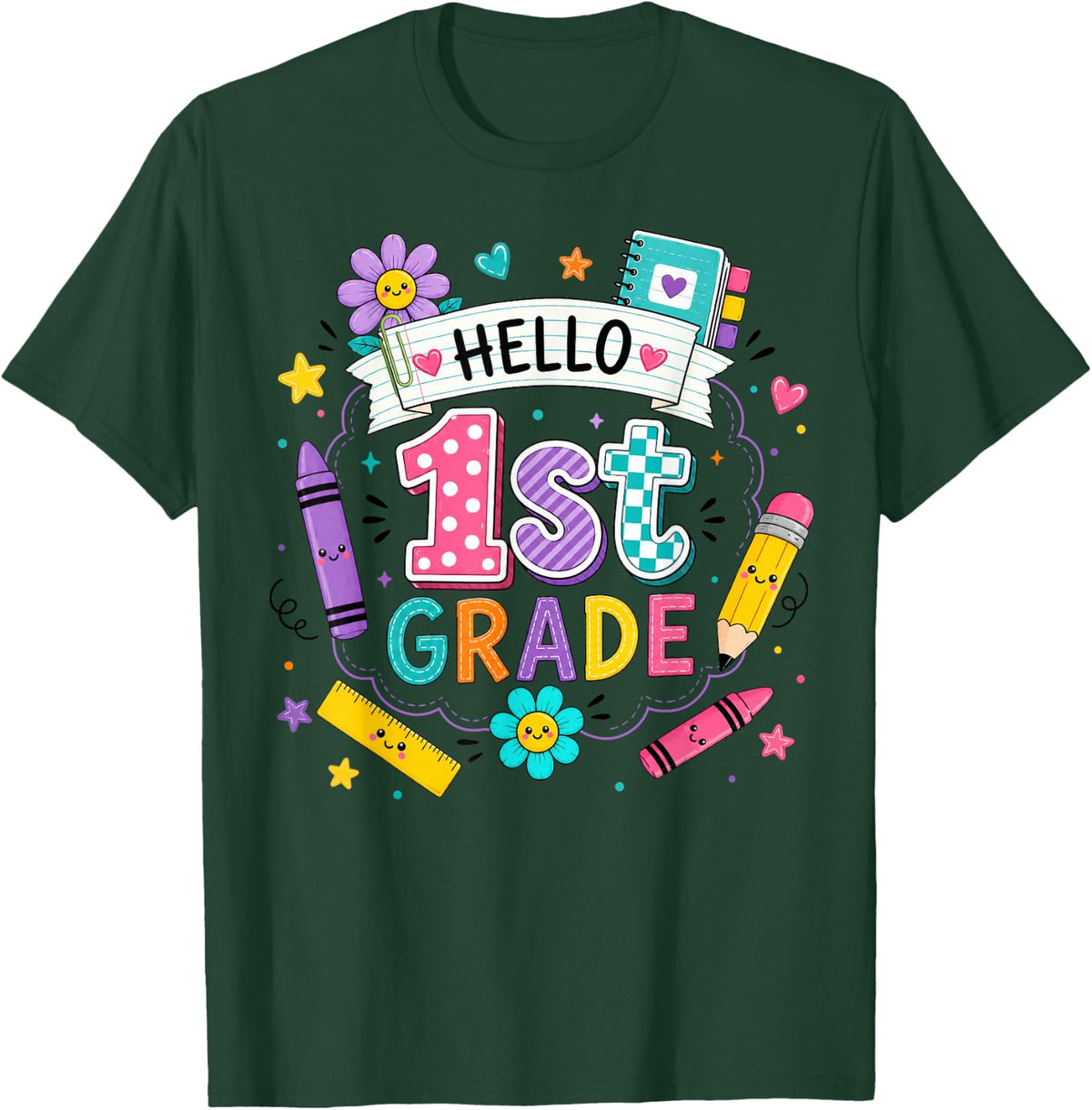 Hello First Grade Shirts Girls Back to School Cute First Day T-Shirt - Dark Green