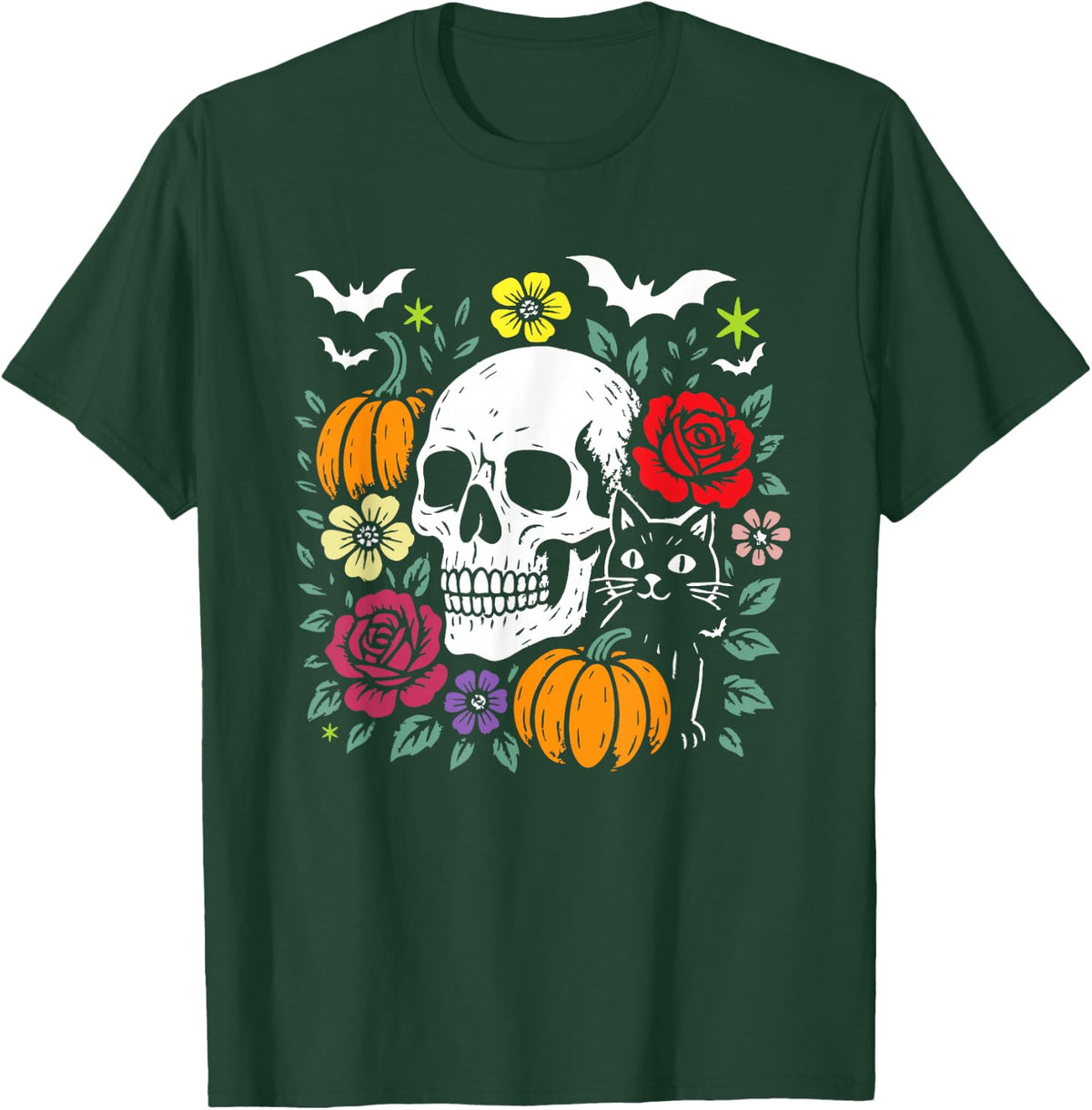 Floral Skeleton Skull and cat for Halloween Spooky Season, T-Shirt - Dark Green