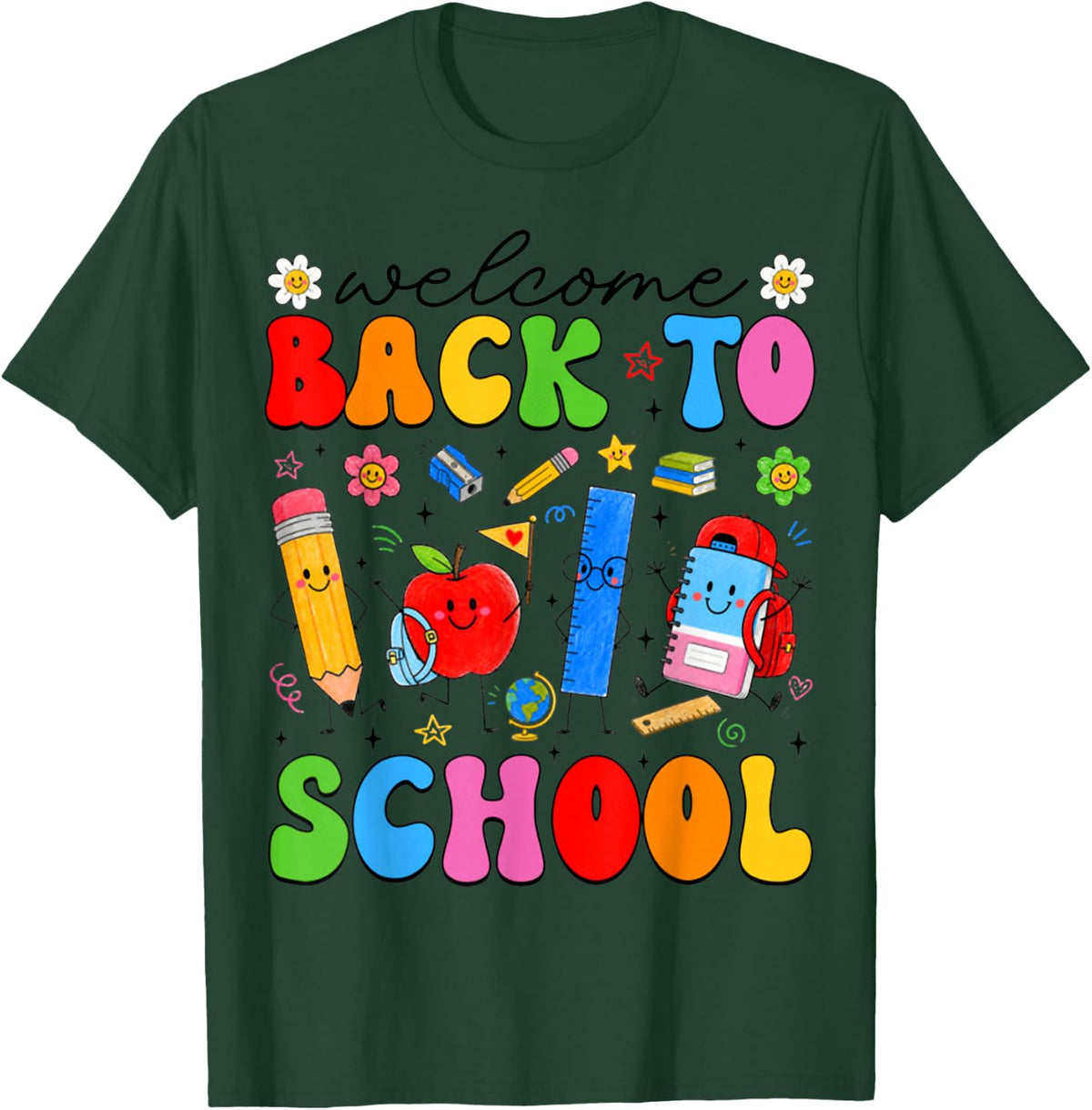 Welcome Back to School Cute School Supplies Boys Girls Kids T-Shirt - Dark Green