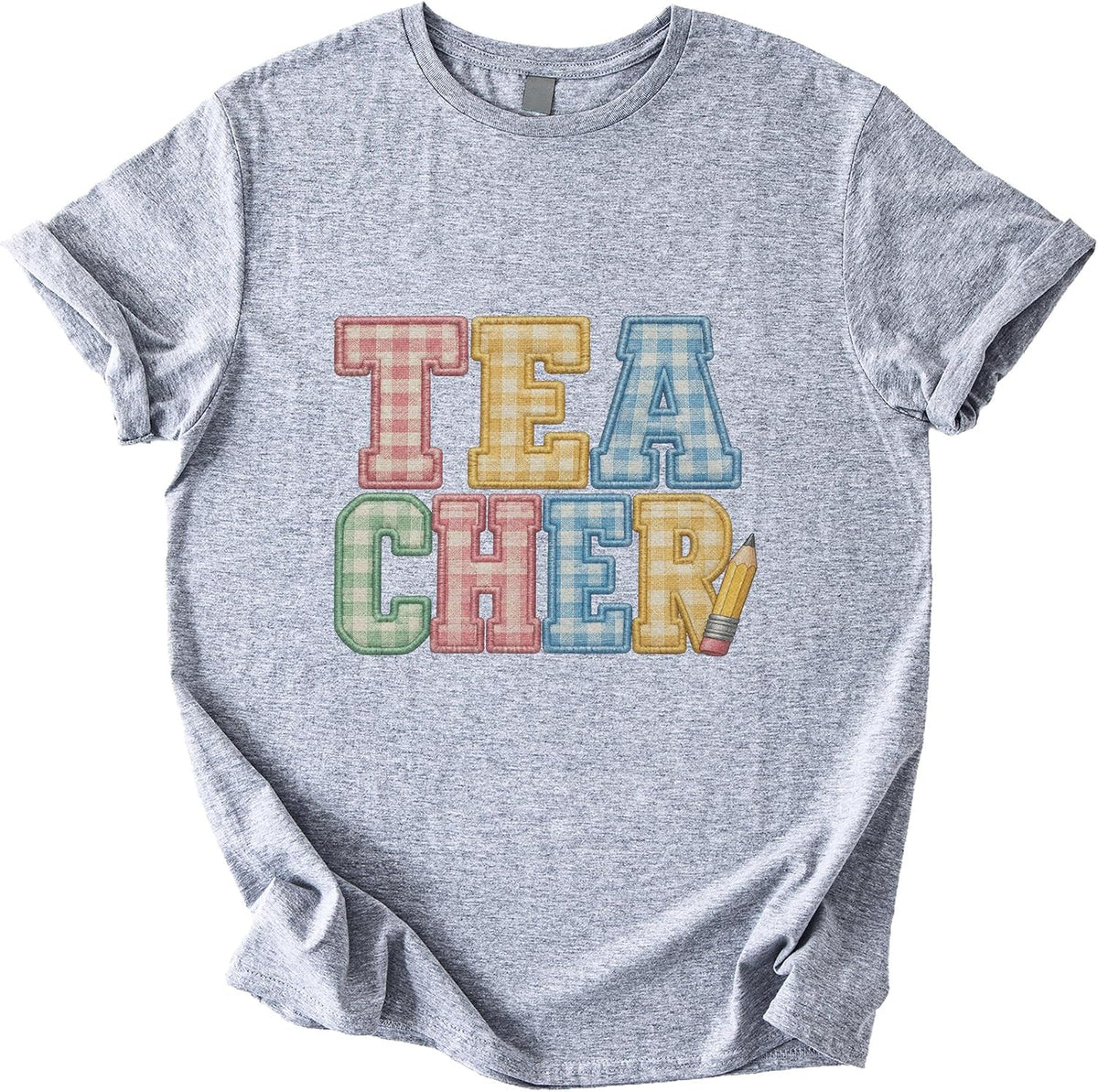 Amazon Bulk 28 05 Gingham Applique Teacher Tshirt Unisex T-Shirt - Sport Grey