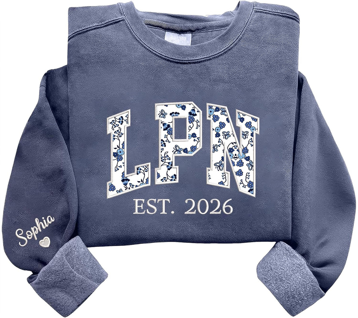 Personalized Embroidered Floral Applique Sweatshirt, Custom Any Profession Gift, Appreciation Crewneck - Lpn