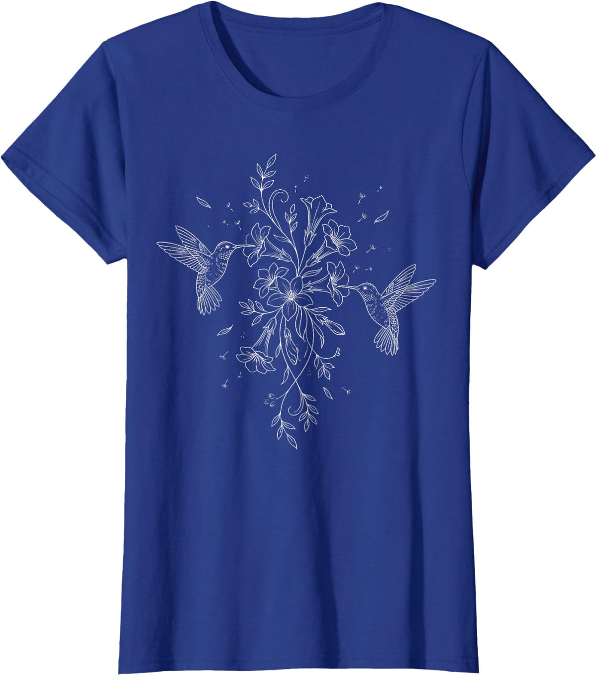 Minimalist White Line Hummingbirds and Floral T-Shirt - Royal Blue