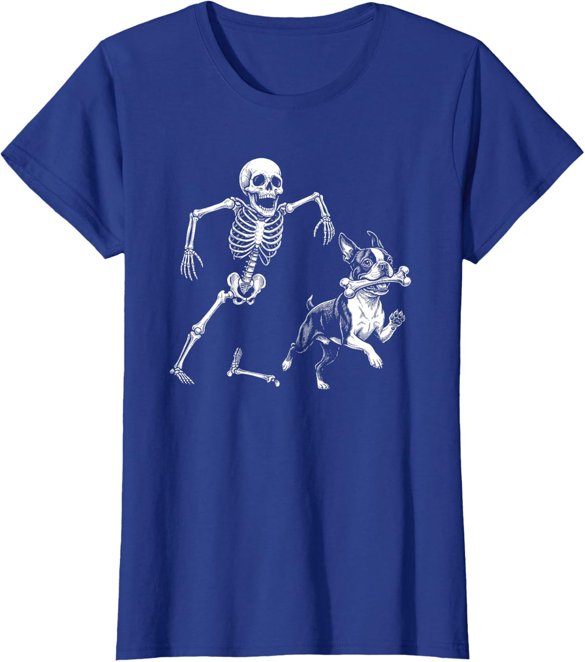 Funny Boston Terrier with Skeleton Bone Halloween Dog Lover T-Shirt - Royal Blue