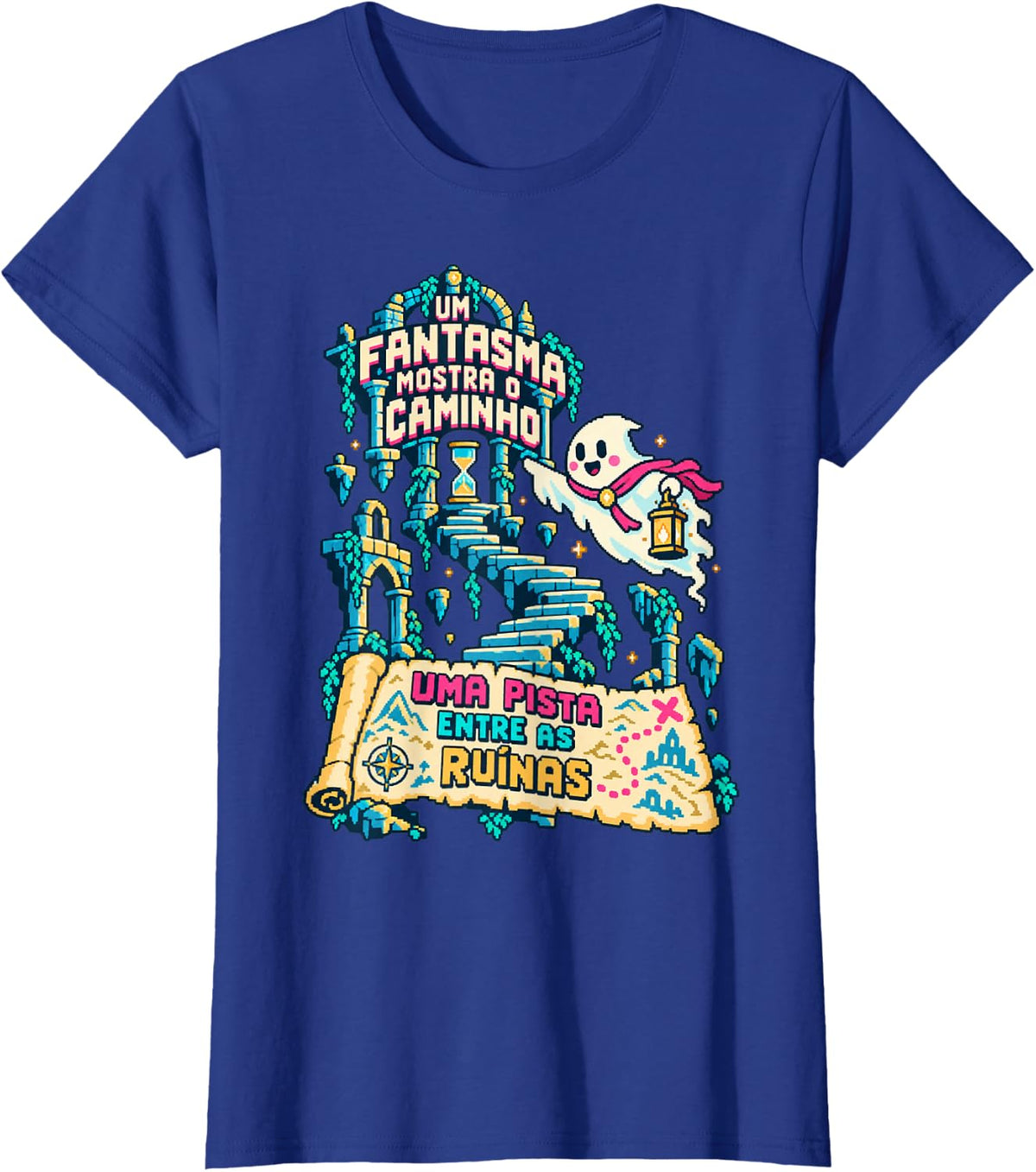 Portuguese Pixel Art Ghost Adventure T-Shirt - Royal Blue
