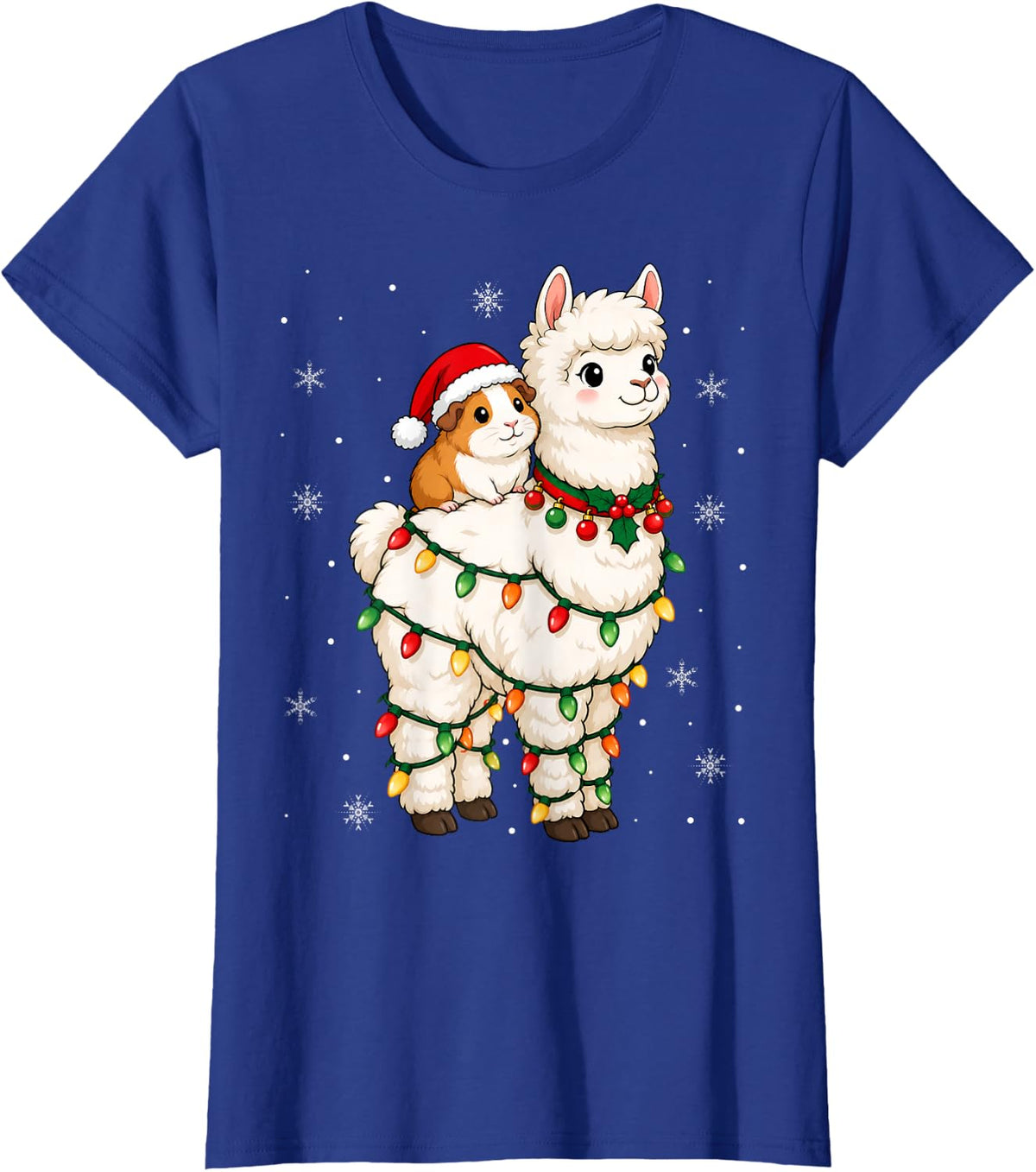 Festive Santa Guinea Pig Alpaca Christmas Lights Holiday T-Shirt - Royal Blue
