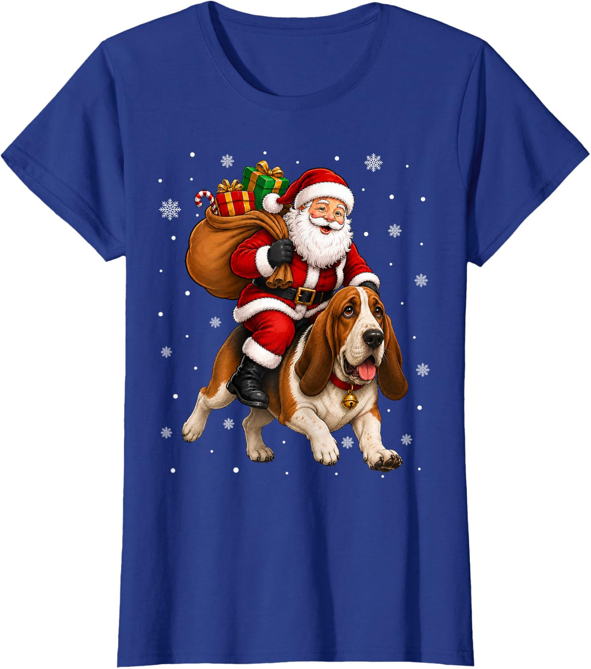 Festive Holiday Fun Santa Riding Basset Hound Dog Christmas T-Shirt - Royal Blue