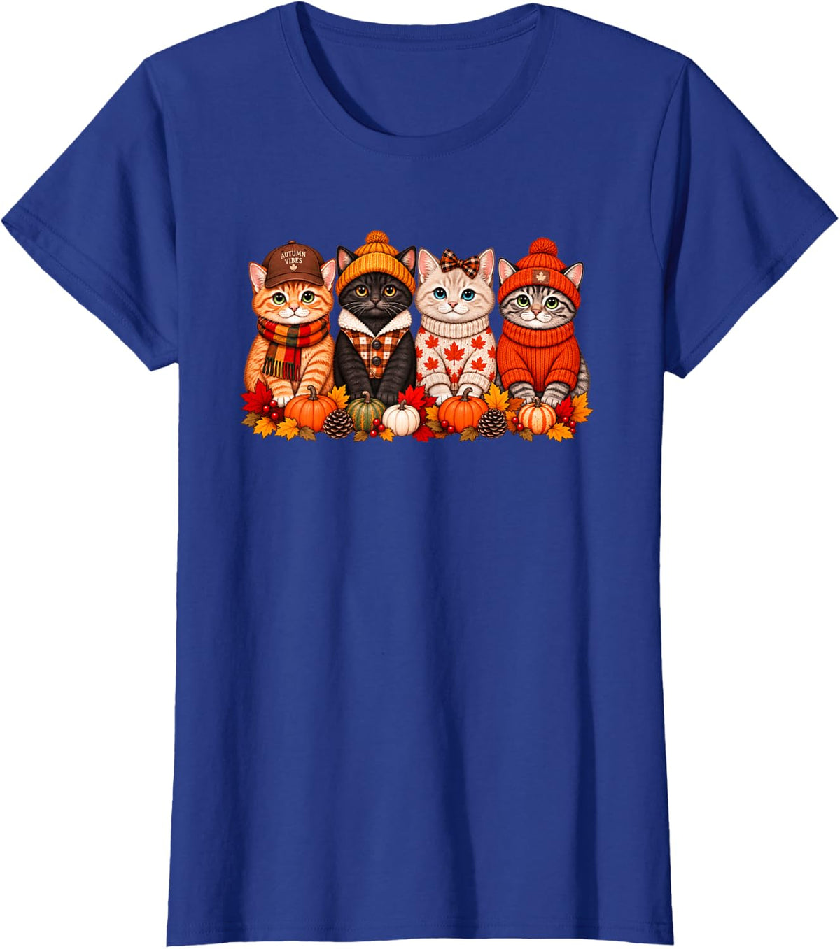 Cute Cat Fall Vibes Autumn Pumpkin Thanksgiving Cat Lover T-Shirt - Royal Blue