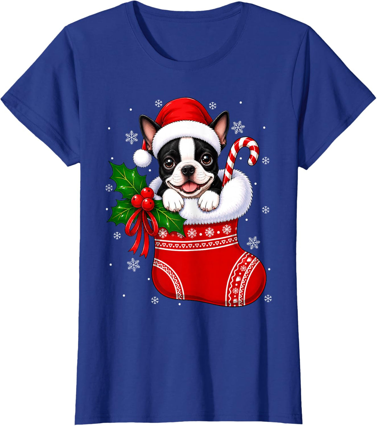 Boston Terrier Dog Christmas Stocking Cute Festive Xmas T-Shirt - Royal Blue