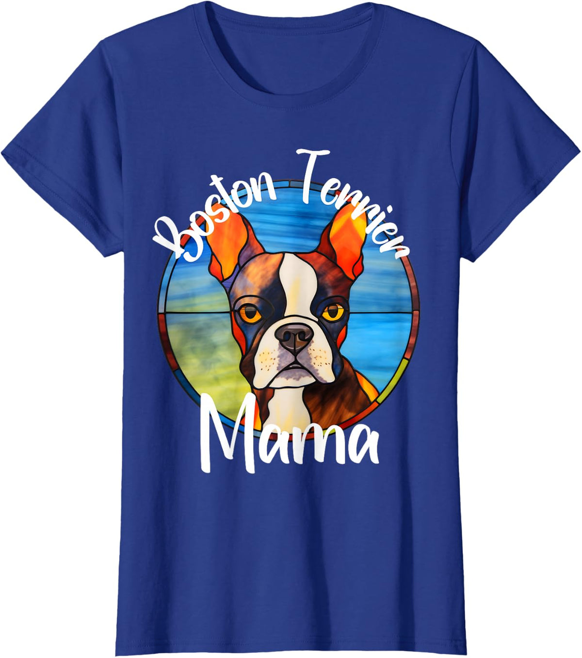Boston Terrier Mama Stained Glass Canine Portrait T-Shirt - Royal Blue