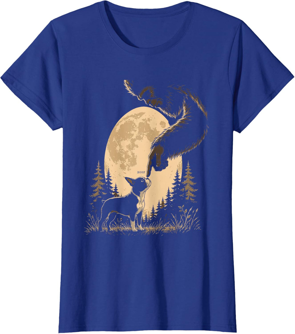 Fun Hand Boop Nose Bigfoot Sasquatch Boston Terrier Moon T-Shirt - Royal Blue