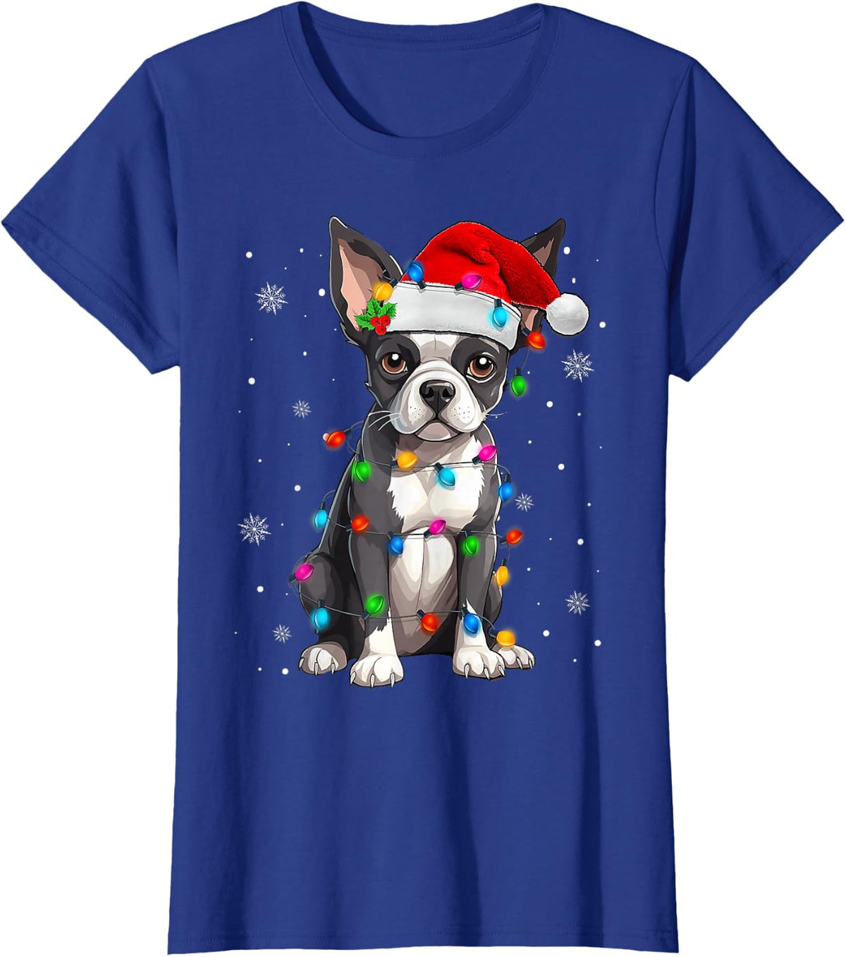 Boston Terrier Christmas Santa Hat T-Shirt Tee Pajama Tree Lights Dog Tees - Royal Blue