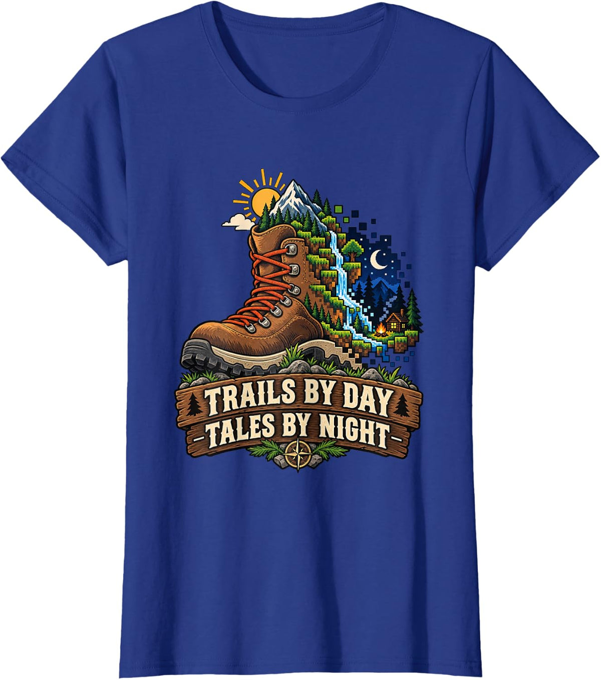 Hiking Boot with Pixel Day and Night Landscape T-Shirt - Royal Blue