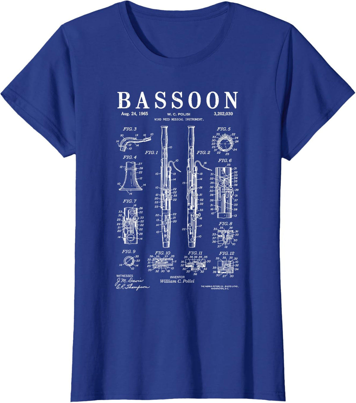 Vintage Bassoon Player Patent Blueprint Bassoonist Musician T-Shirt - Royal Blue