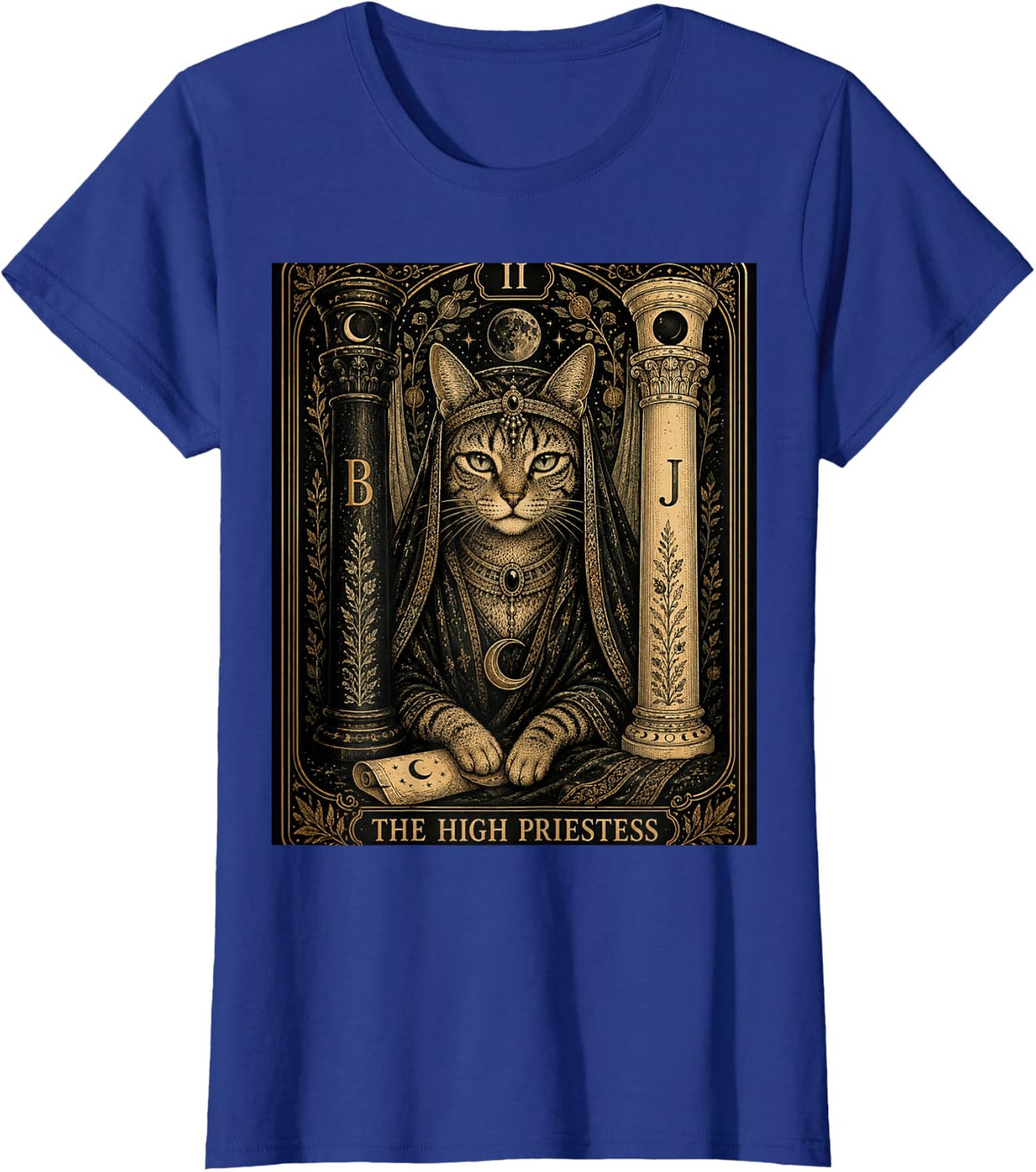Priestess Cat Tarot Gothic Mystical Tabby Major Arcana T-Shirt - Royal Blue
