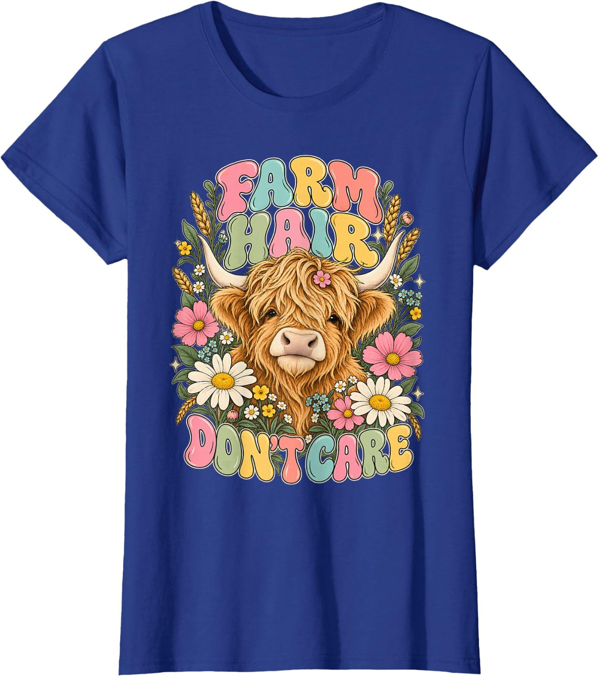Highland Cow Farm Life Farm Hair Don't Care Floral T-Shirt - Royal Blue