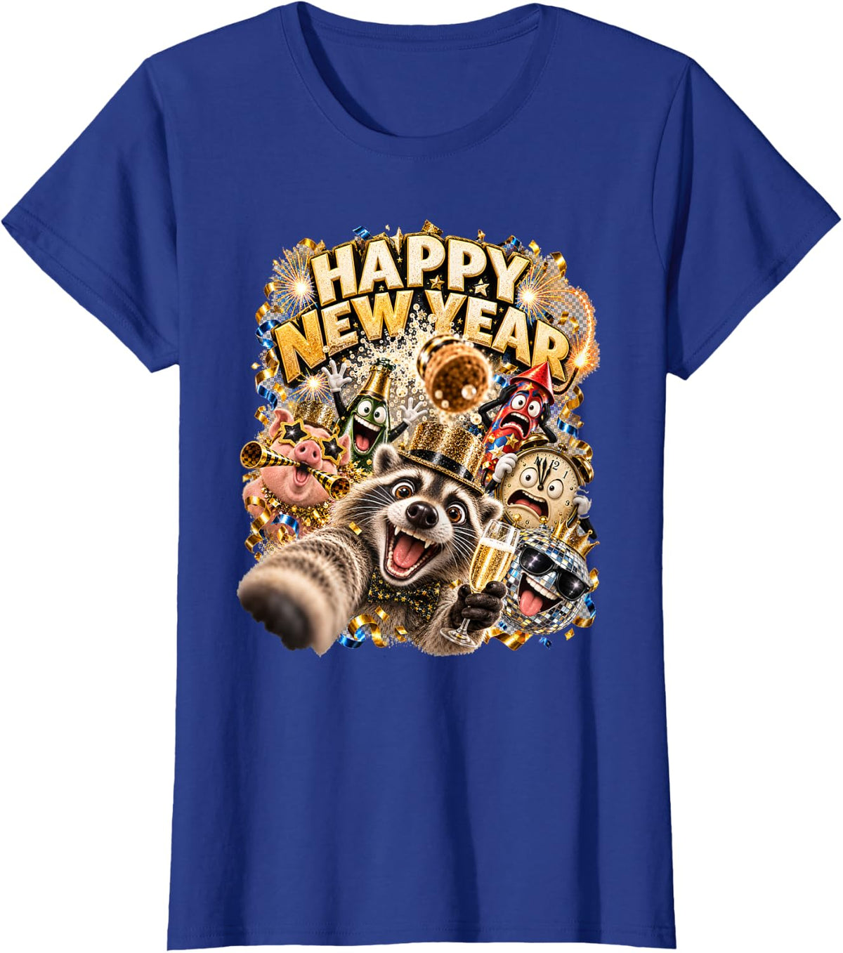 Happy New Year Raccoon Selfie Gold Hat Toast Party Art T-Shirt - Royal Blue