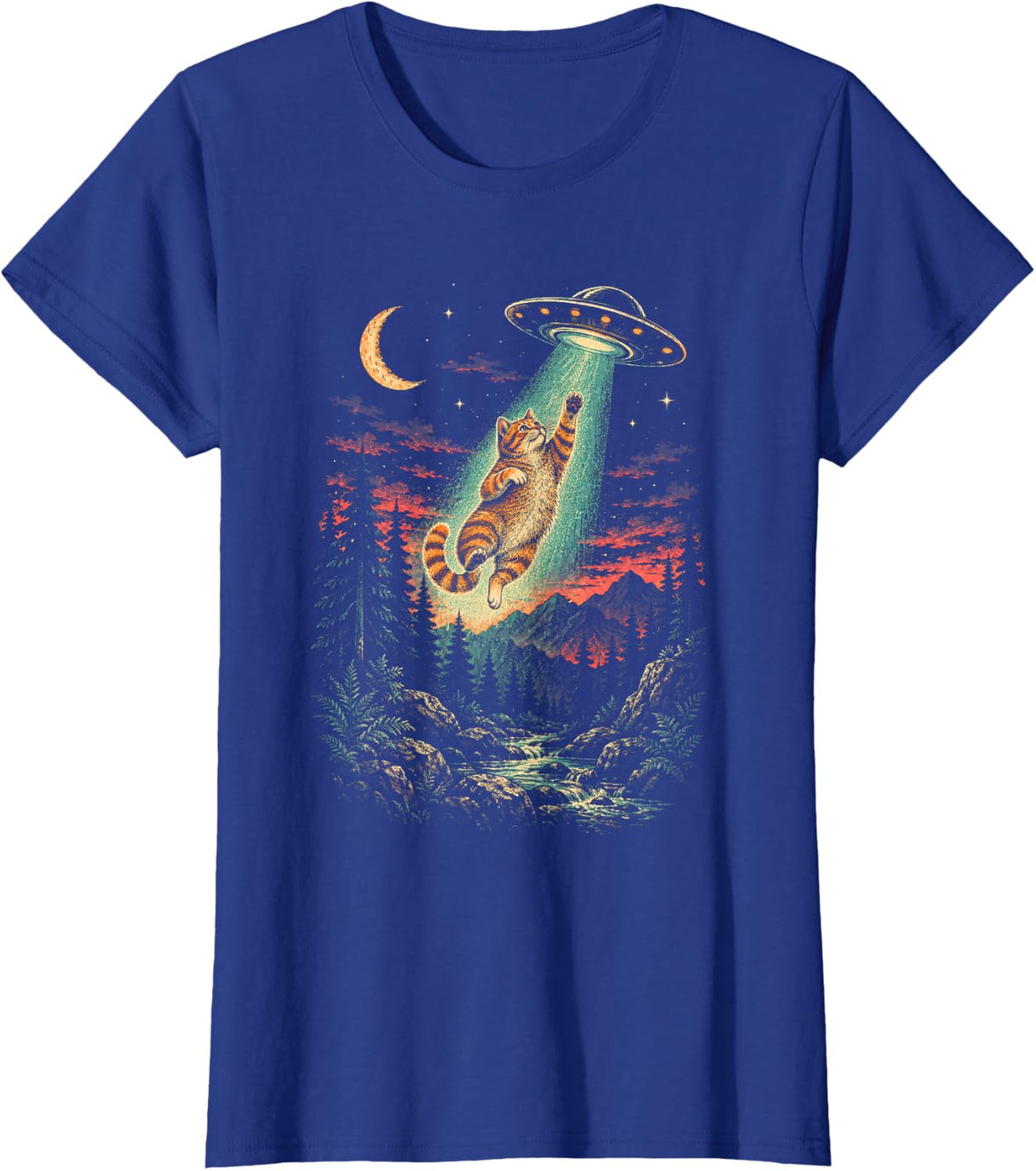 Retro Funny Tabby Cat Flying Saucer Alien Abduction T-Shirt - Royal Blue