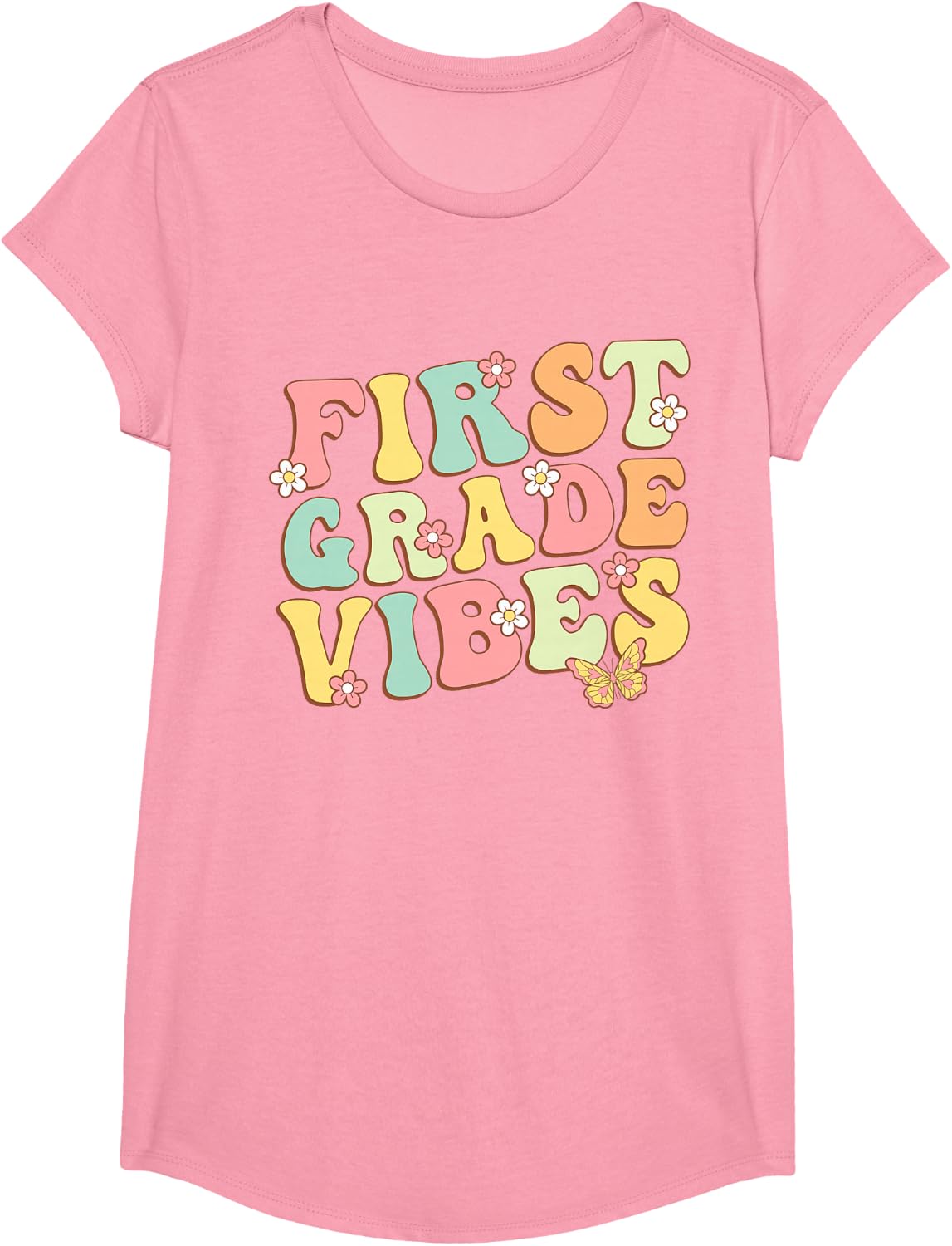 First Grade Vibes Hello Team 1st Grade Teacher Kids Retro T-Shirt - Girls Pink