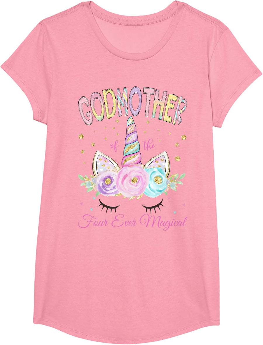 Godmother of The Four Ever Magical Unicorn 4th Birthday Girl T-Shirt - Girls Pink