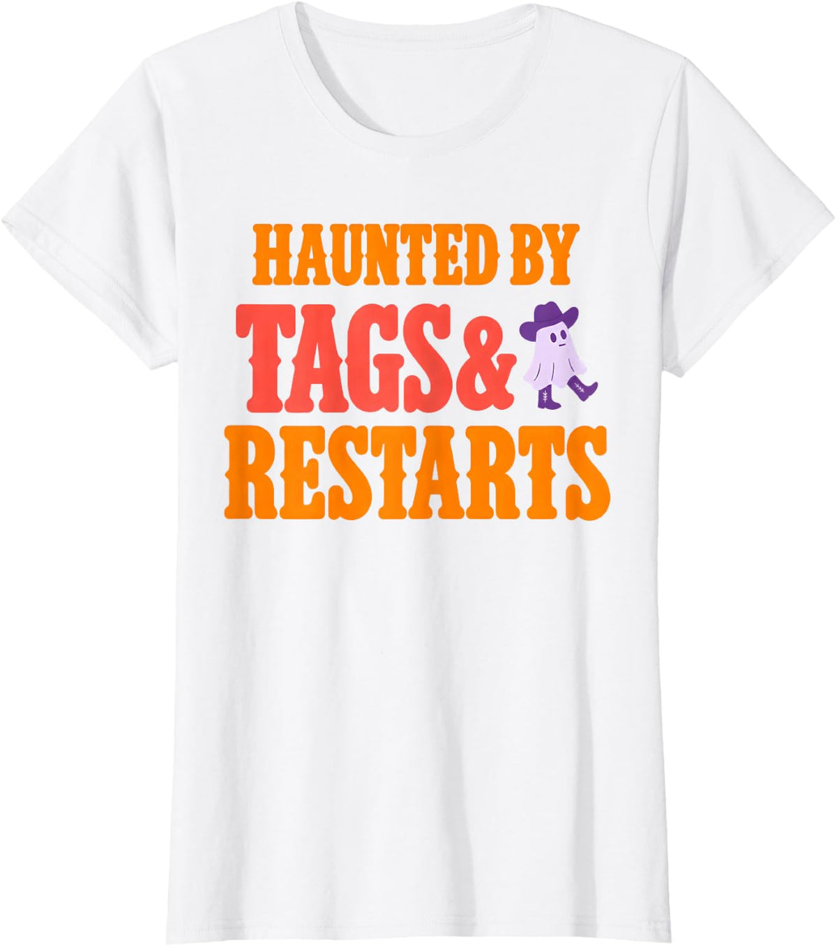 Haunted Tags and Restarts Funny Line Dancing Halloween Ghost T-Shirt - White