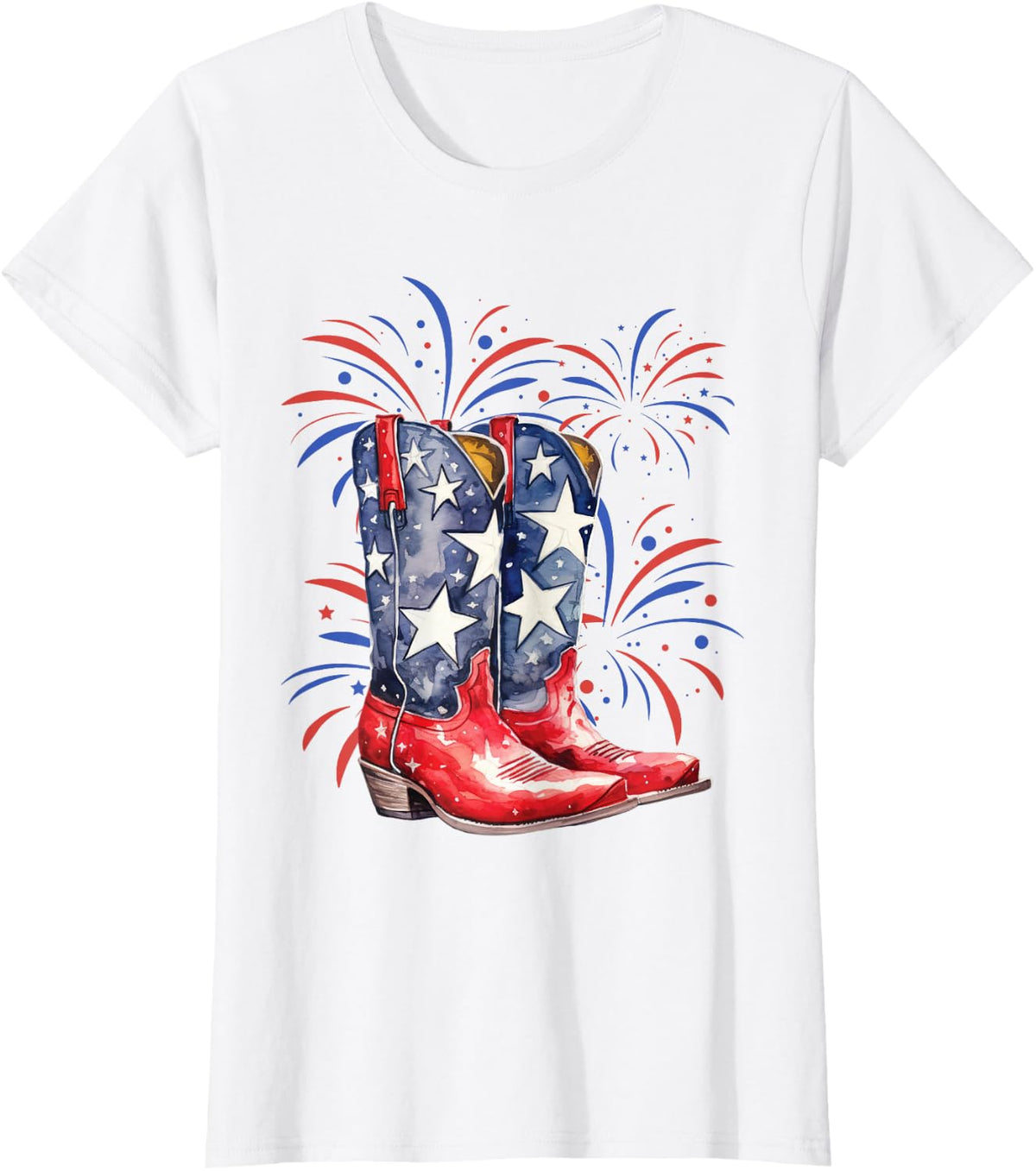 4th of July Memorial Day Holiday Patriotic Cowboy Boots T-Shirt - White