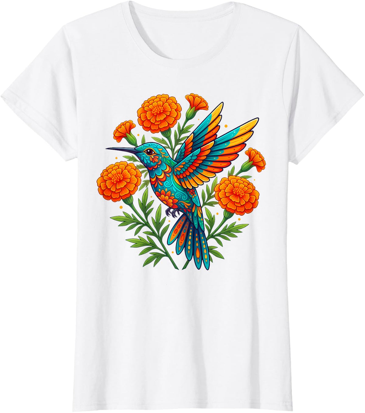 Mexican Folk Art Hummingbird Flower Bird Lover Nature T-Shirt - White