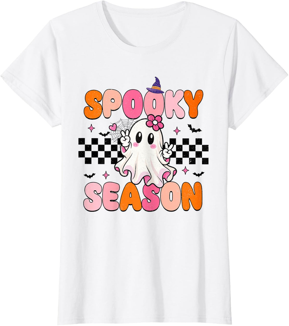 Spooky Season Retro Ghost Candy Cane Halloween Women Girls T-Shirt - White