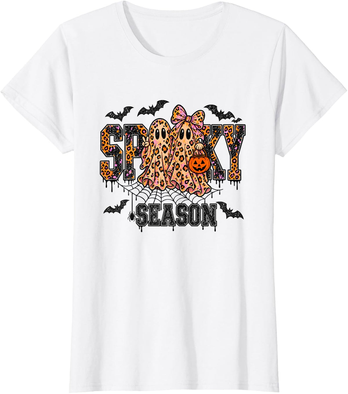 Spooky Season Ghost Leopard Halloween Pumpkin T-Shirt - White