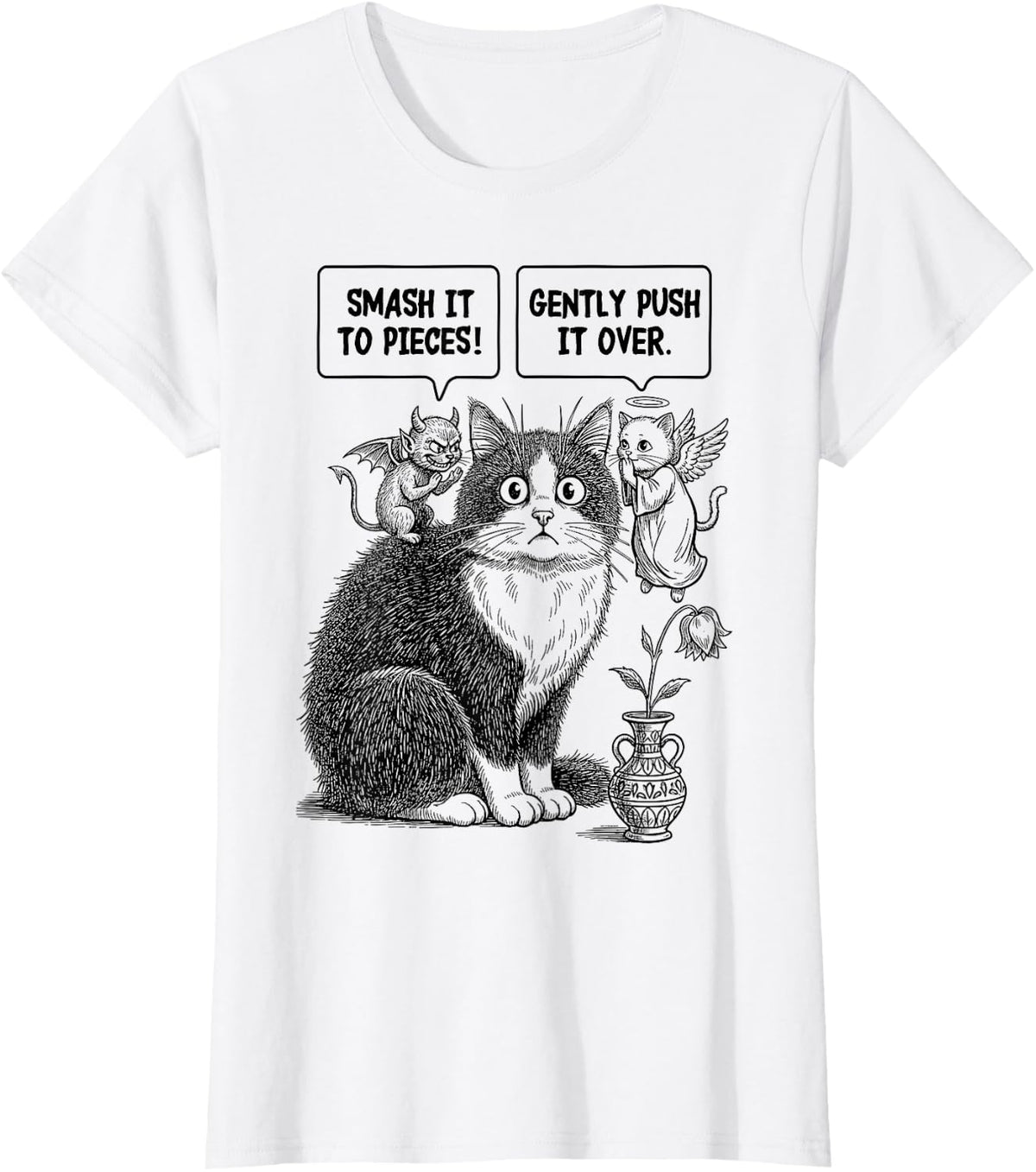 Funny Cat Ethical Dilemma Devil Angel Flower Vase Cats T-Shirt - White