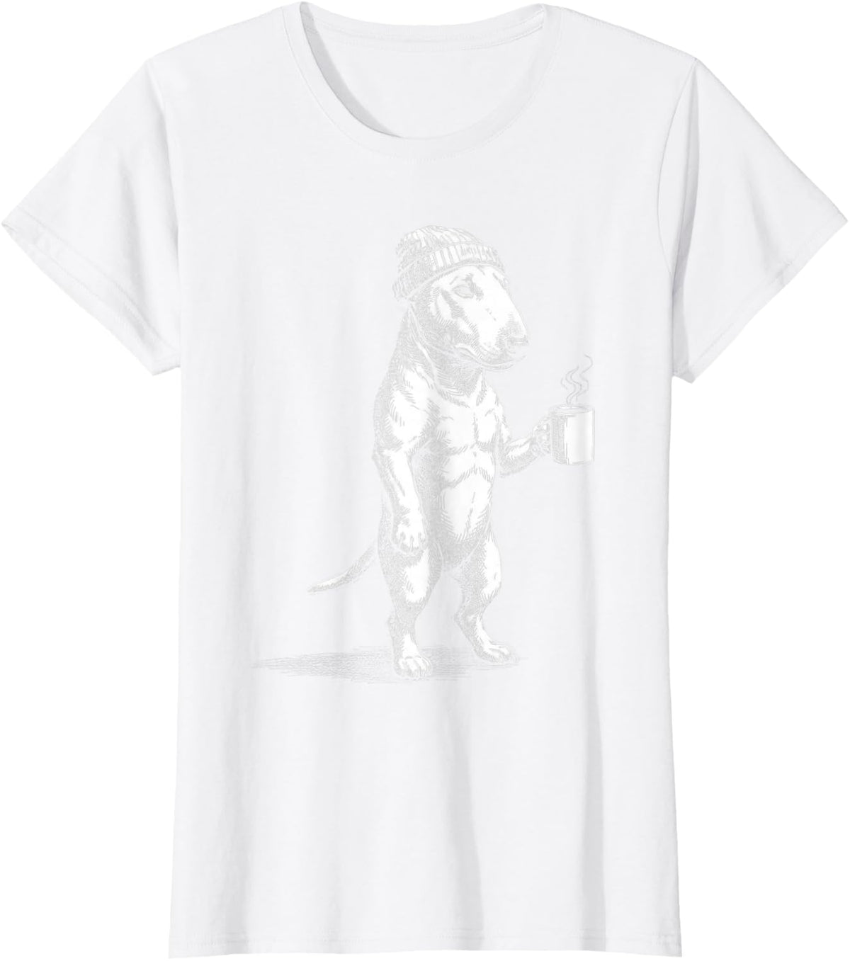 Grumpy Bull Terrier Dog Drinking Coffee Funny T-Shirt - White