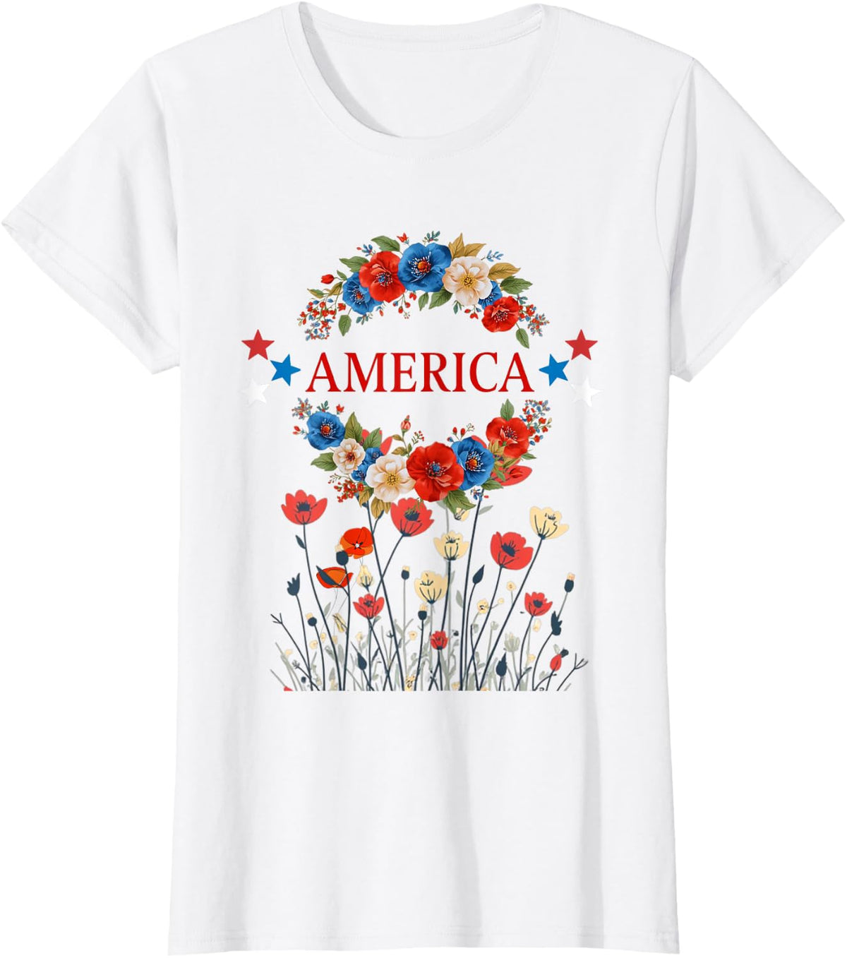 America Poppies Patriotic July 4 Flowers T-Shirt - White
