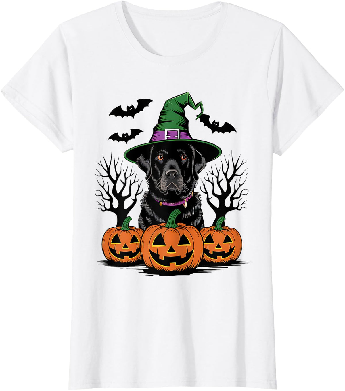 Halloween Black Labrador Retriever Dog Witch Spooky Pumpkins T-Shirt - White