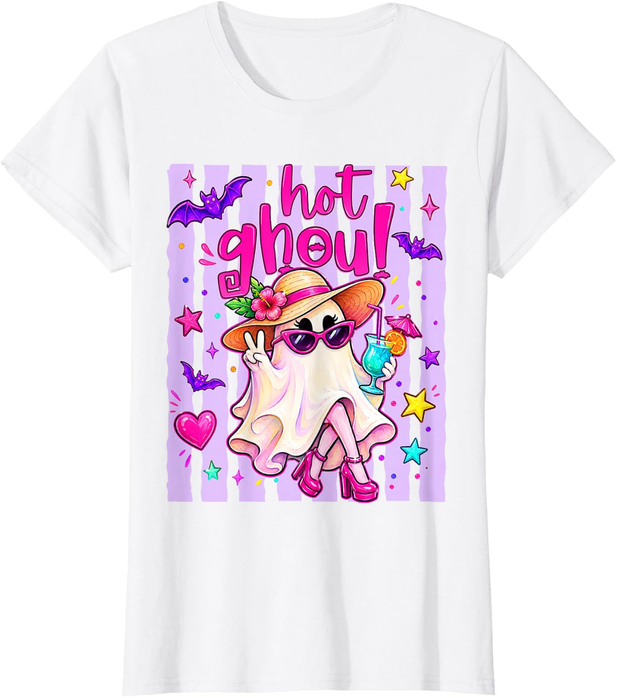 Hot Ghoul Striped Funny Ghost Girly Halloween Girl Women T-Shirt - White
