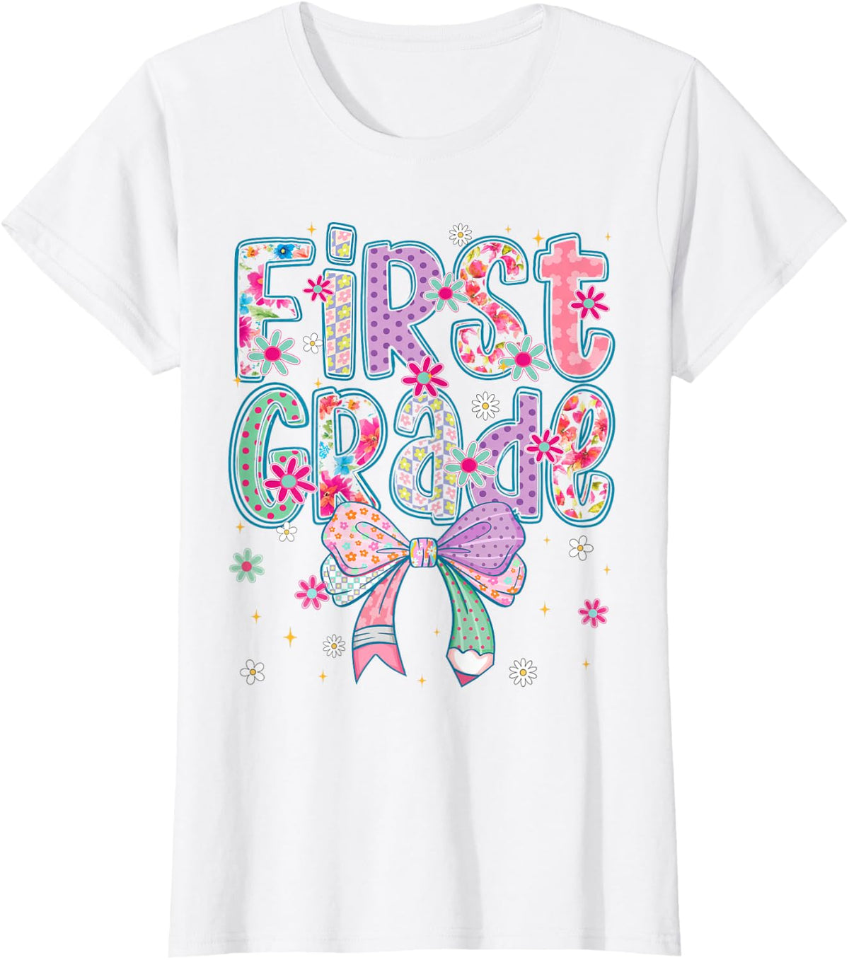 First Grade Shirt Girl 1st Day of School Tee Cute Floral Coquette T-Shirt for Girls Teacher - White