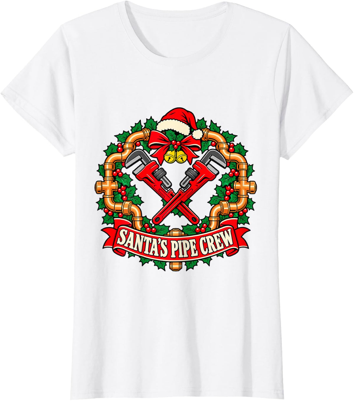 Santa's Pipe Crew Funny Christmas Plumber Plumbing T-Shirt - White