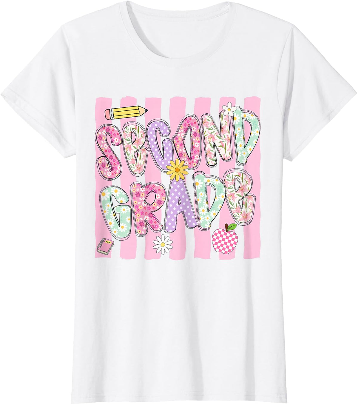 Stripes Hello Second 2nd Grade Back to School Teachers Girls T-Shirt - White