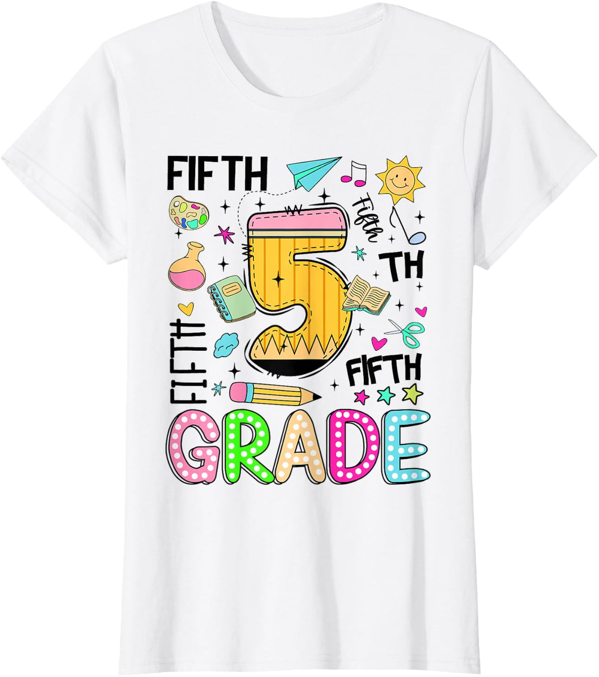 Preppy Fifth Grade Back to School Pencil Student Teacher T-Shirt - White
