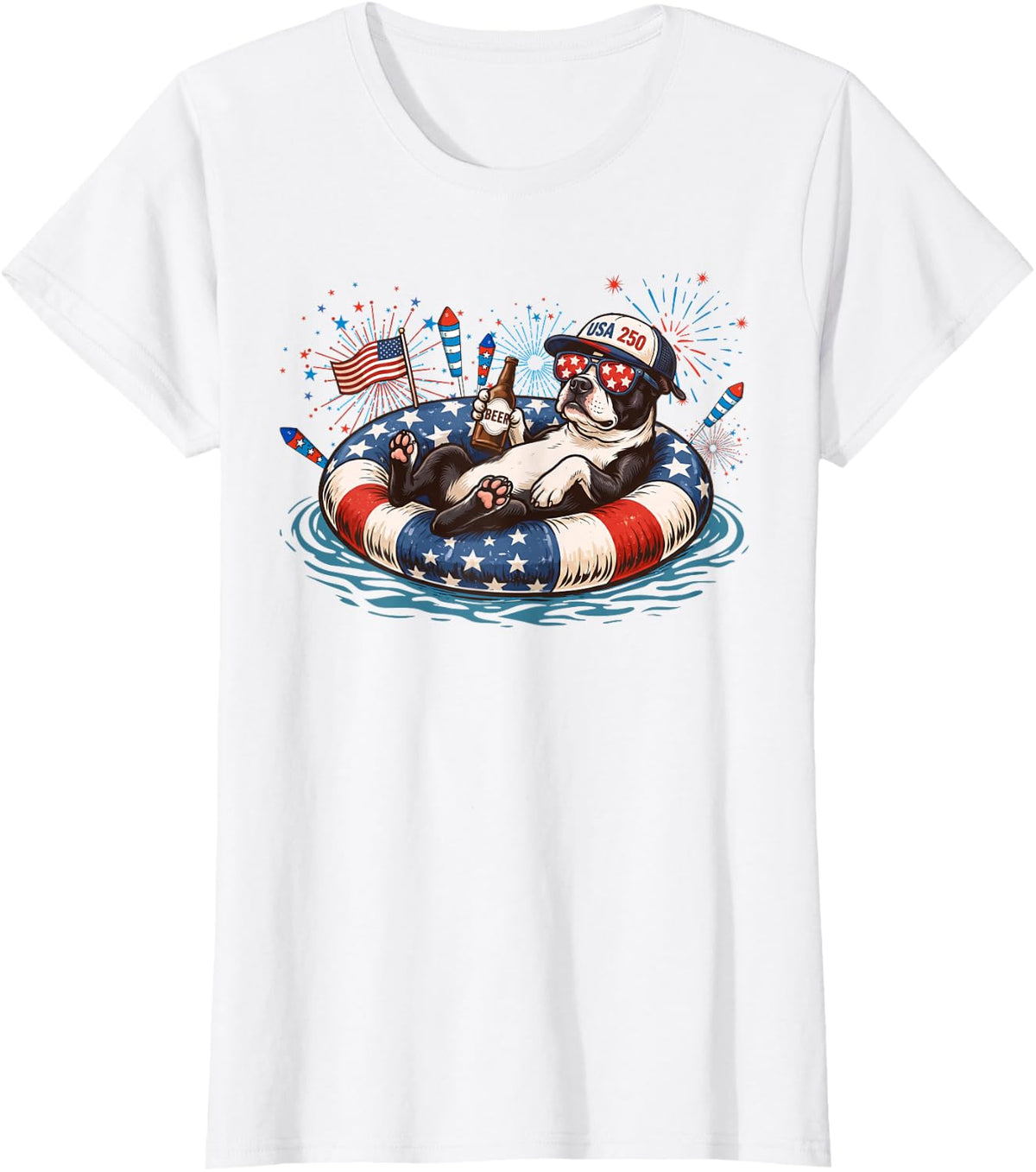 Patriotic Boston Terrier Beer Floatie USA Flag 4th of July T-Shirt - White