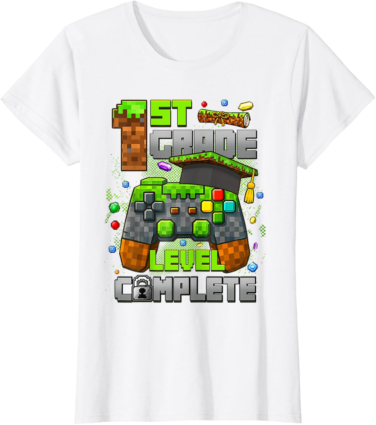 1st Grade Level Completed Last Day of School Video Game Tees T Shirts for Kids Boys Girls - White