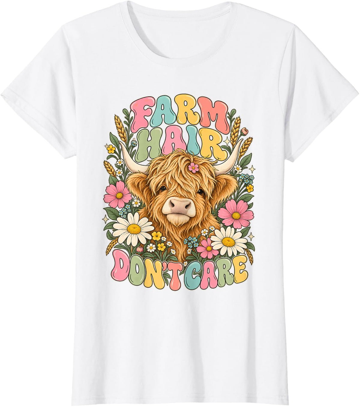 Highland Cow Farm Life Farm Hair Don't Care Floral T-Shirt - White