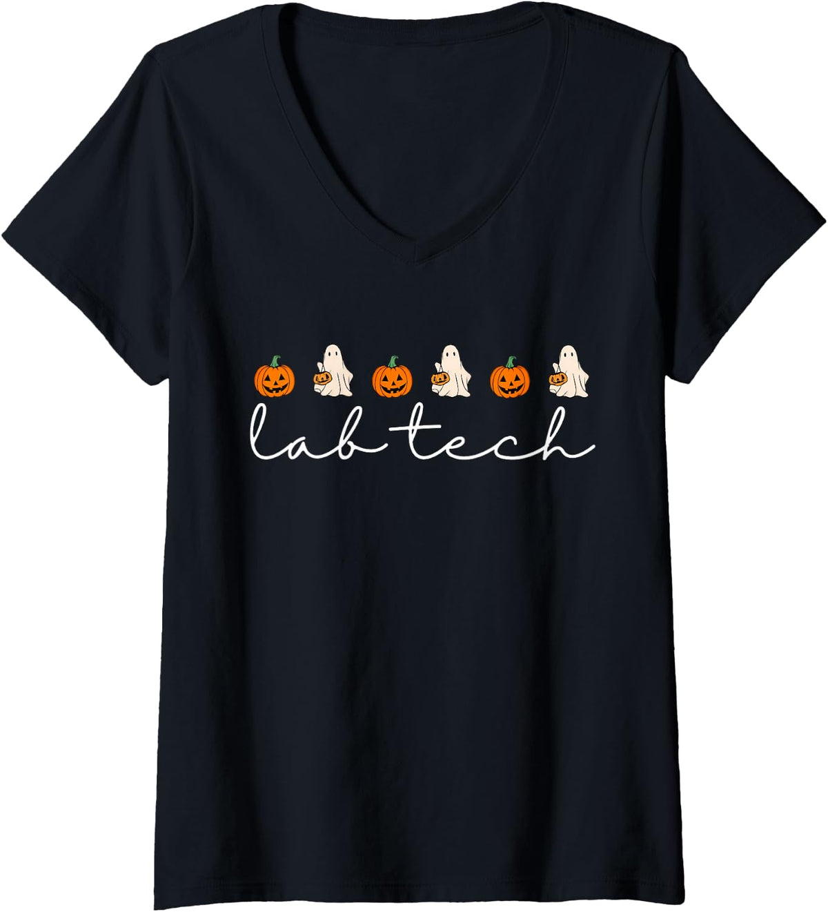 Women's Lab Tech Halloween Pumpkin Fall Ghost Laboratory Technician V-Neck T-Shirt - Black