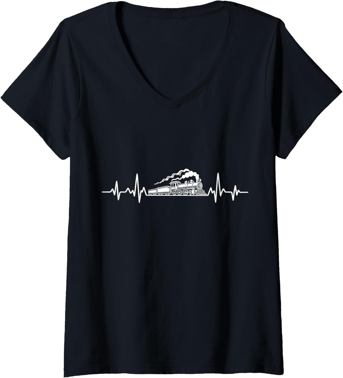 Women's Train, Heartbeat, Steam Locomotive Railroad Lover V-Neck T-Shirt - Black