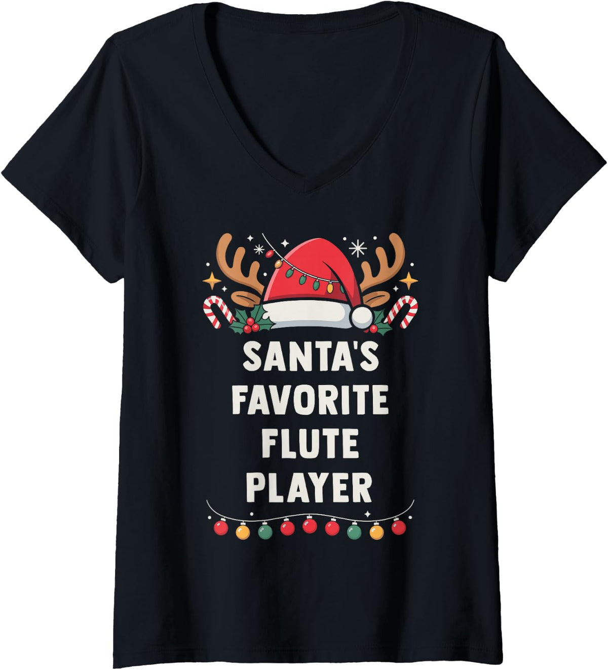 Women's Santa's Favorite Flute Player Christmas Concert Band Squad V-Neck T-Shirt - Black