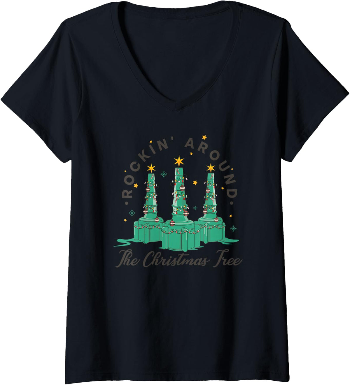 Women's Respiratory Therapist Nurse Rockin Around The Christmas Tree V-Neck T-Shirt - Black