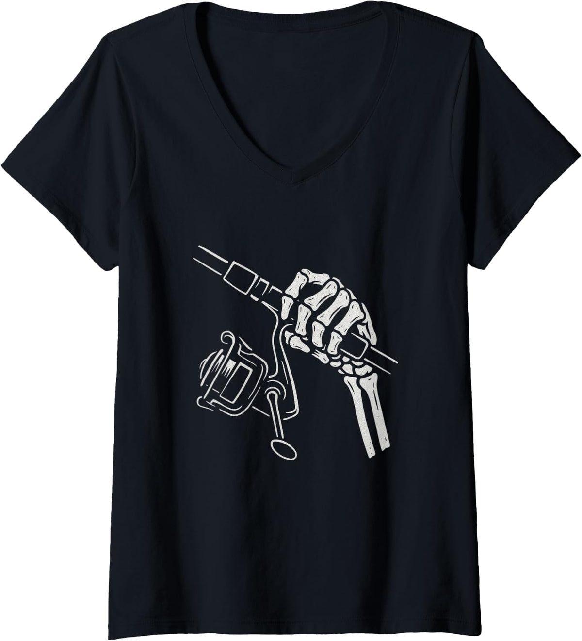 Women's Skeleton Hands Fishing Rod Reel Halloween Costume Fisherman V-Neck T-Shirt - Black