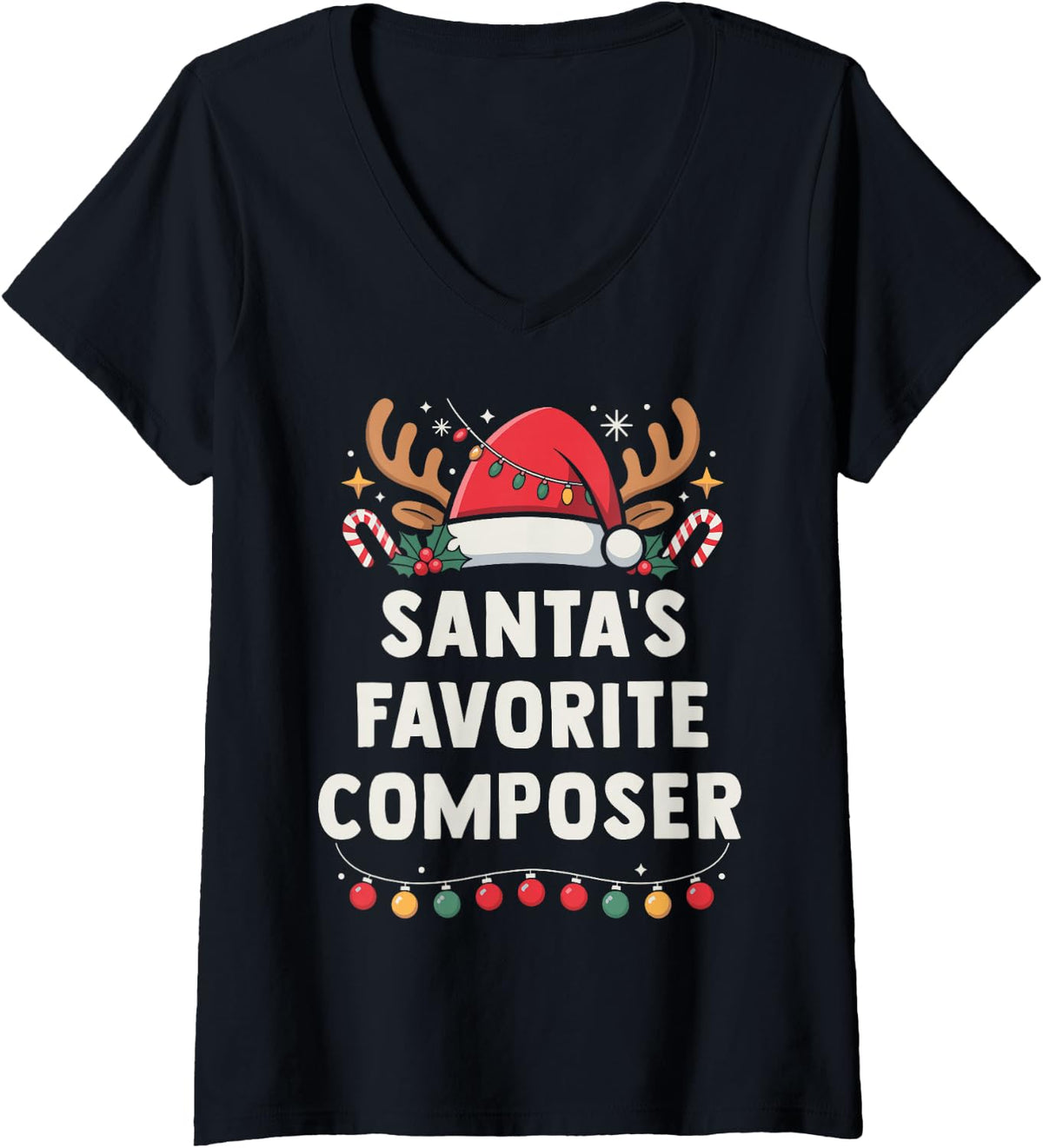 Women's Santa's Favorite Composer Xmas Concert Holiday Recital V-Neck T-Shirt - Black