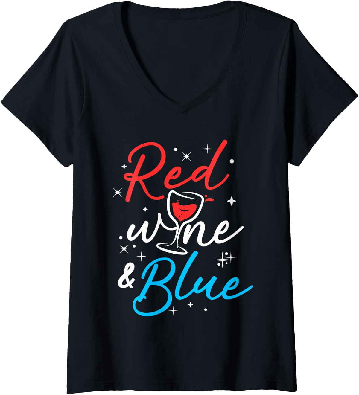Women's Women Red Wine and Blue Funny Wine Glass Fourth Of July V-Neck T-Shirt - Black